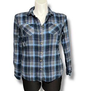 Guide Series Womens Plaid Flannel Shirt Top Collared Button Down Blue Large